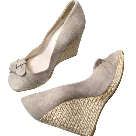 PRADA Suede Nude Espadrille Peep Square Toe Wedges Platform Sandals Shoes Size 8 - Picture 7 of 16